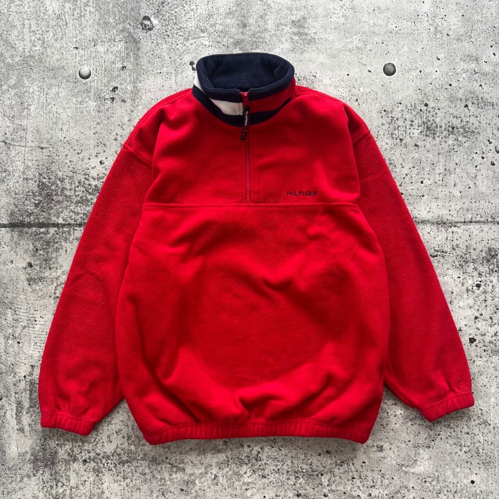 Vintage Tommy Hilfiger Sweater Mens Medium Red Quarter Zip Fleece Sailing 90s